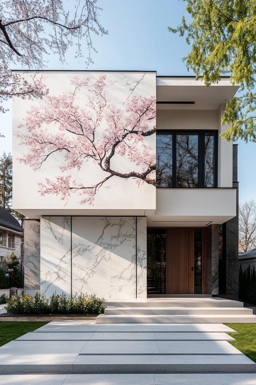 Modern house with cherry blossom mural and marble walls