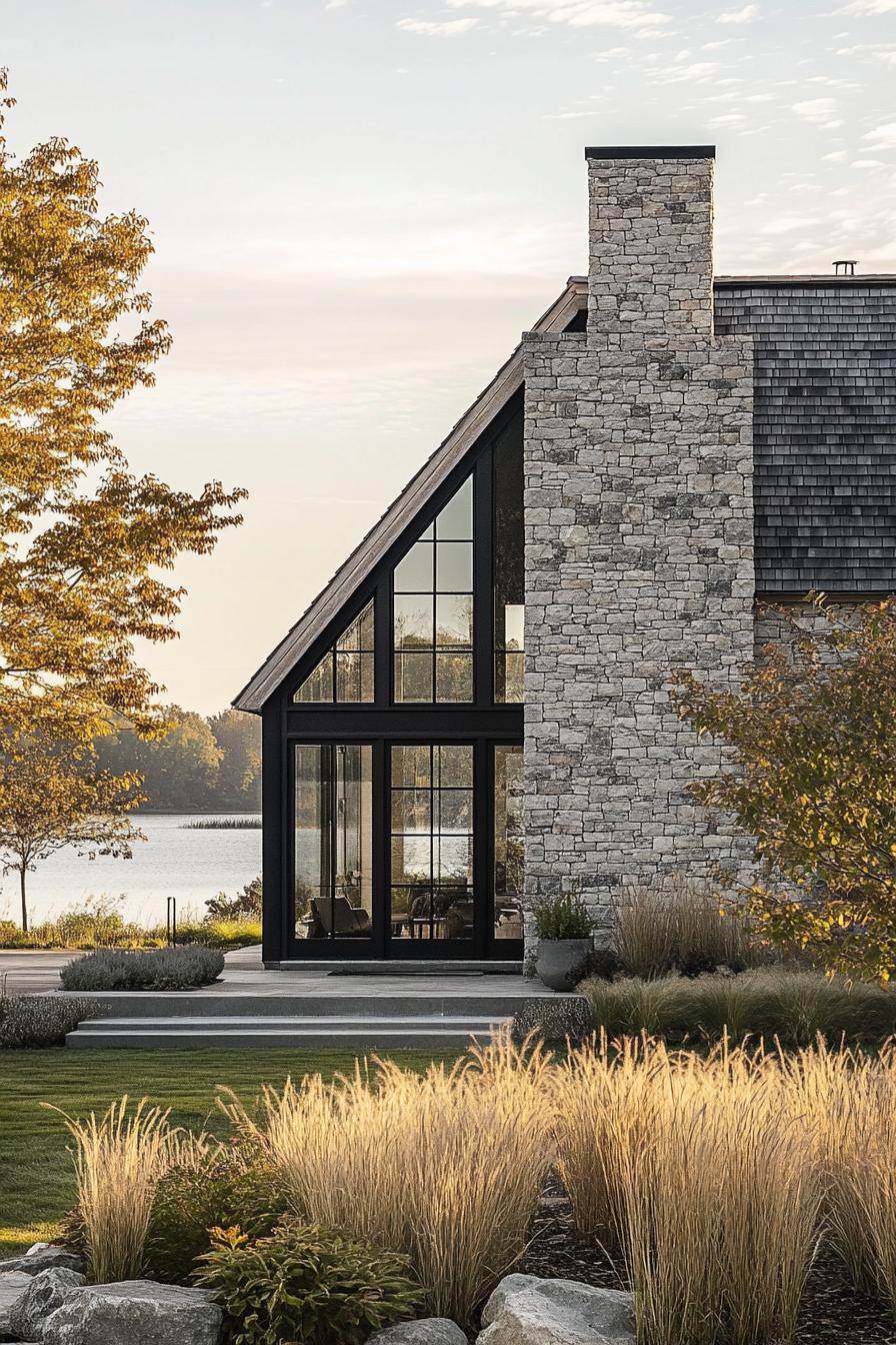 Contemporary stone barn with large windows