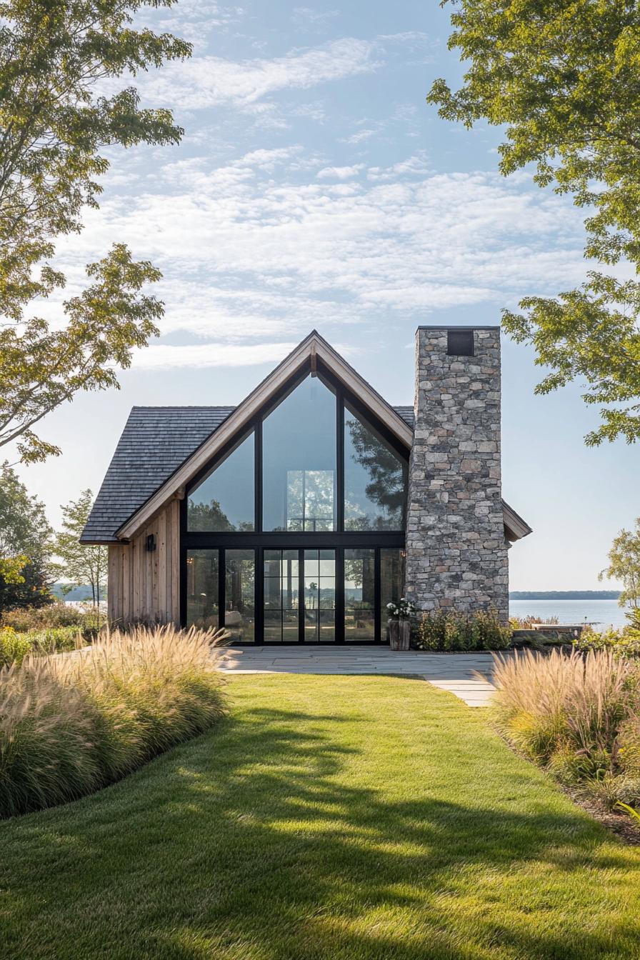 Modern stone barn with large glass windows and chimney