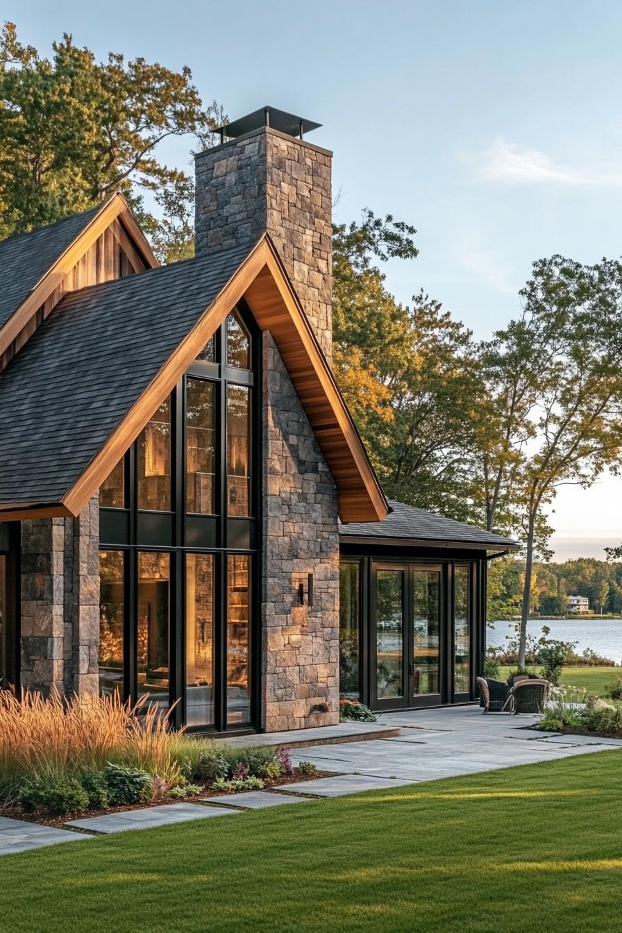 Modern stone barn with a lake view