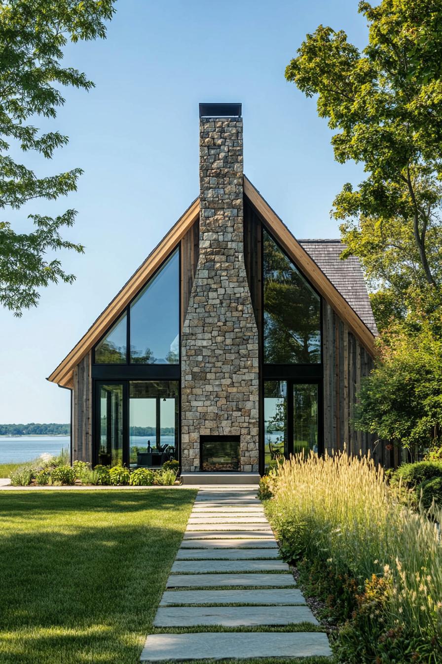 A contemporary stone barn with large glass windows and a scenic backdrop