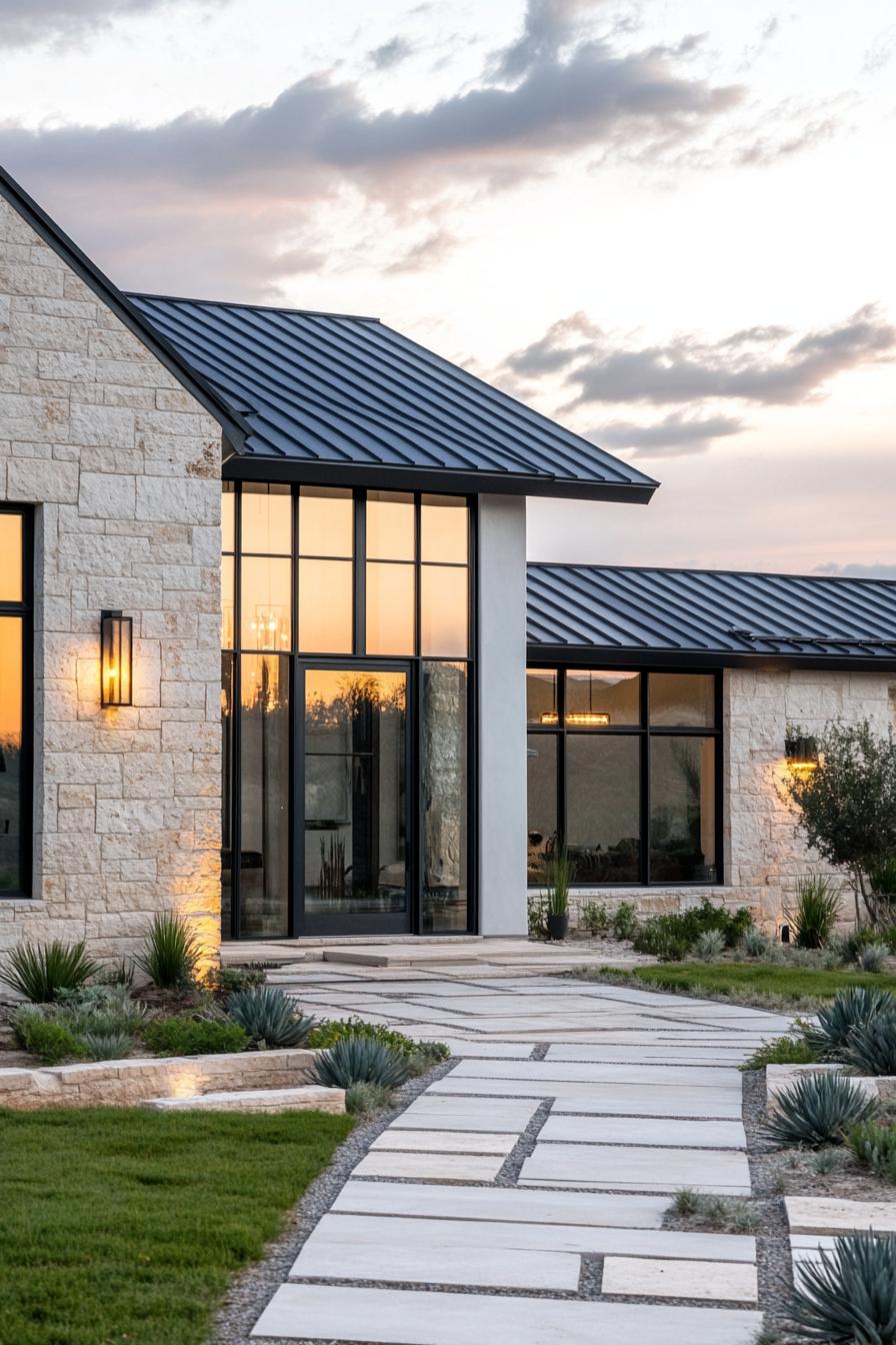 Modern house with stone exterior and large windows at sunset