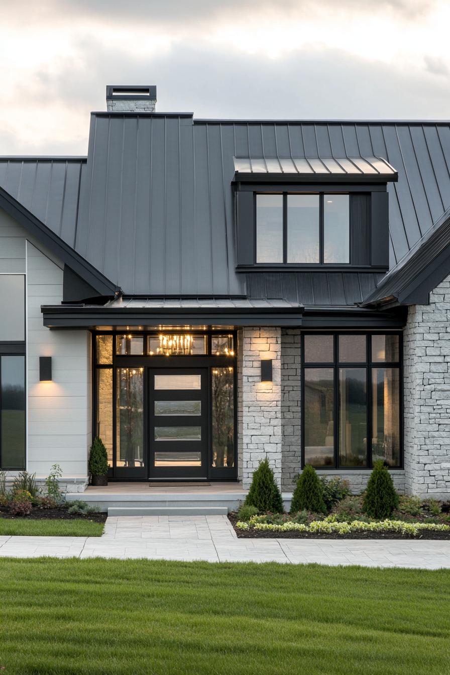 Modern house with stone facade and sleek roof