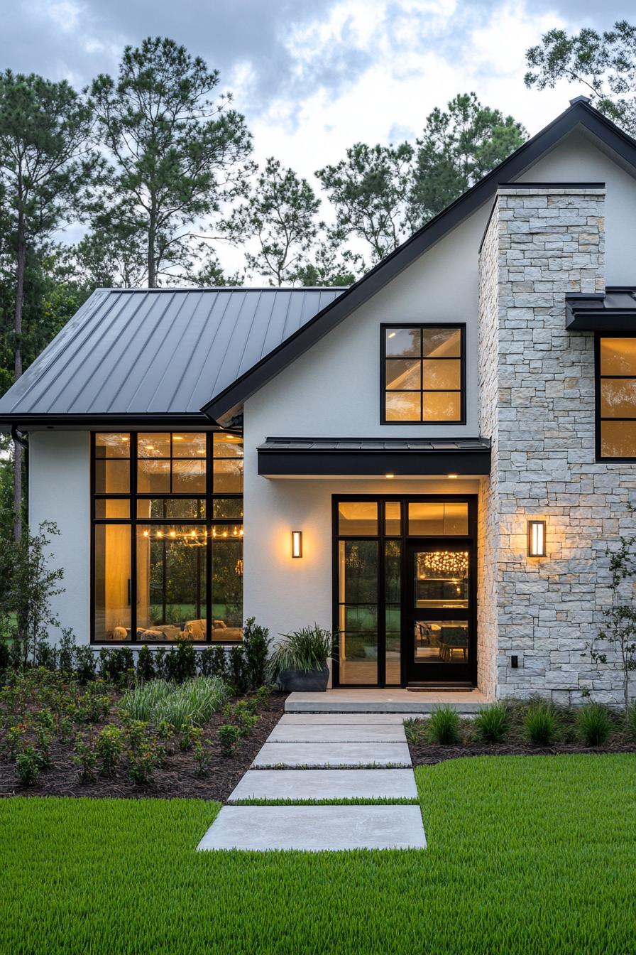 Transitional house with modern design stands amidst lush greenery