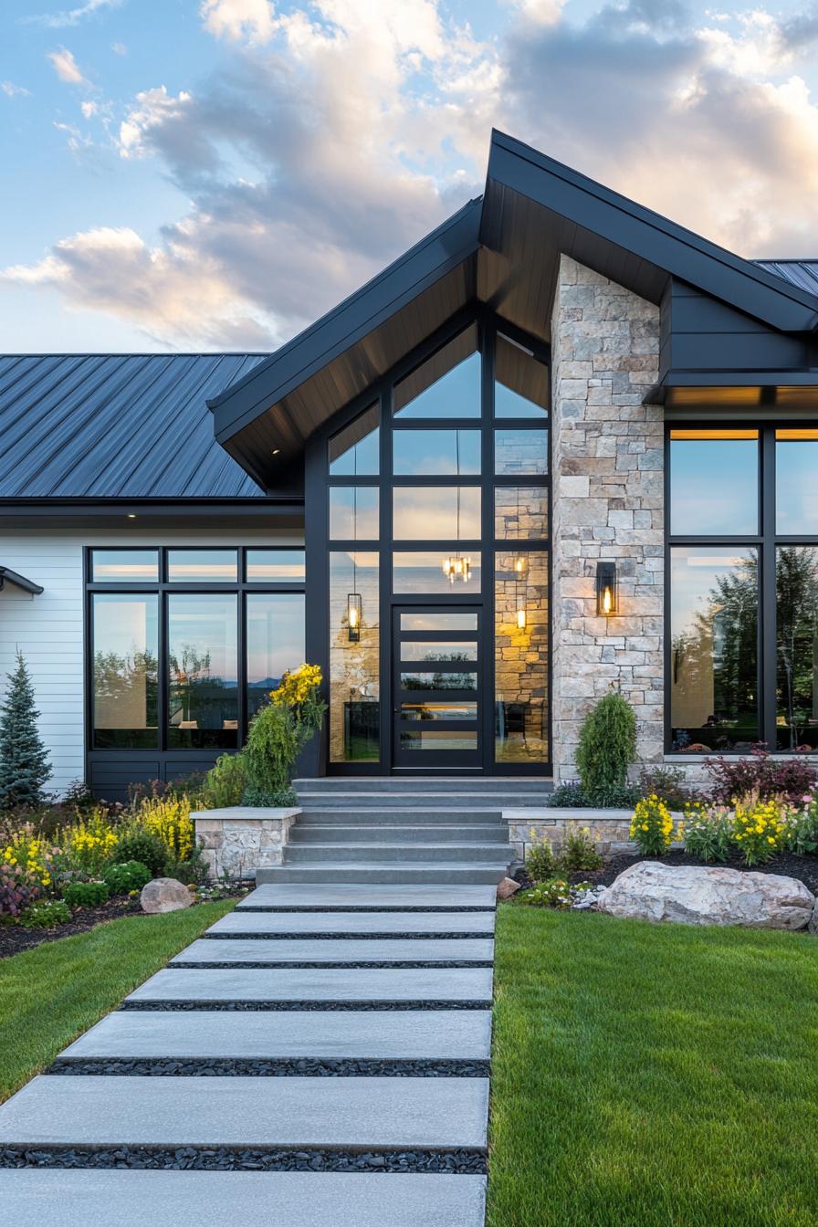 Modern house with large windows and stone façade