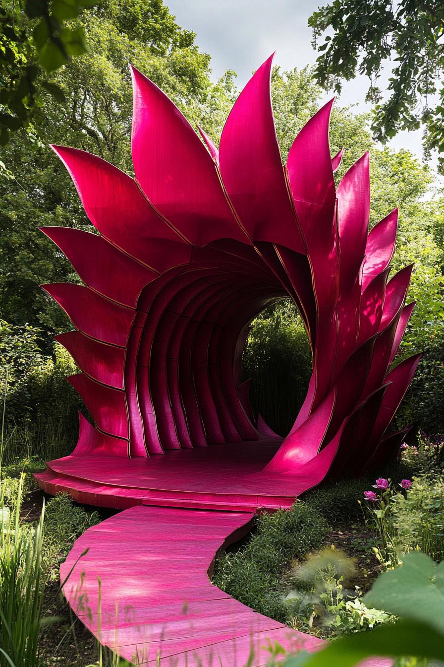 Vibrant, petal-shaped pavilion in a garden setting