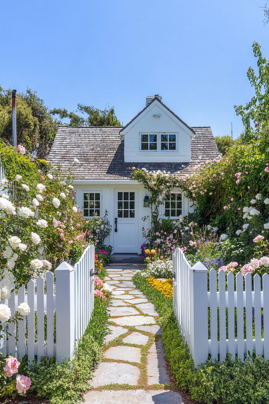 Charming white cottage with a flower-lined path