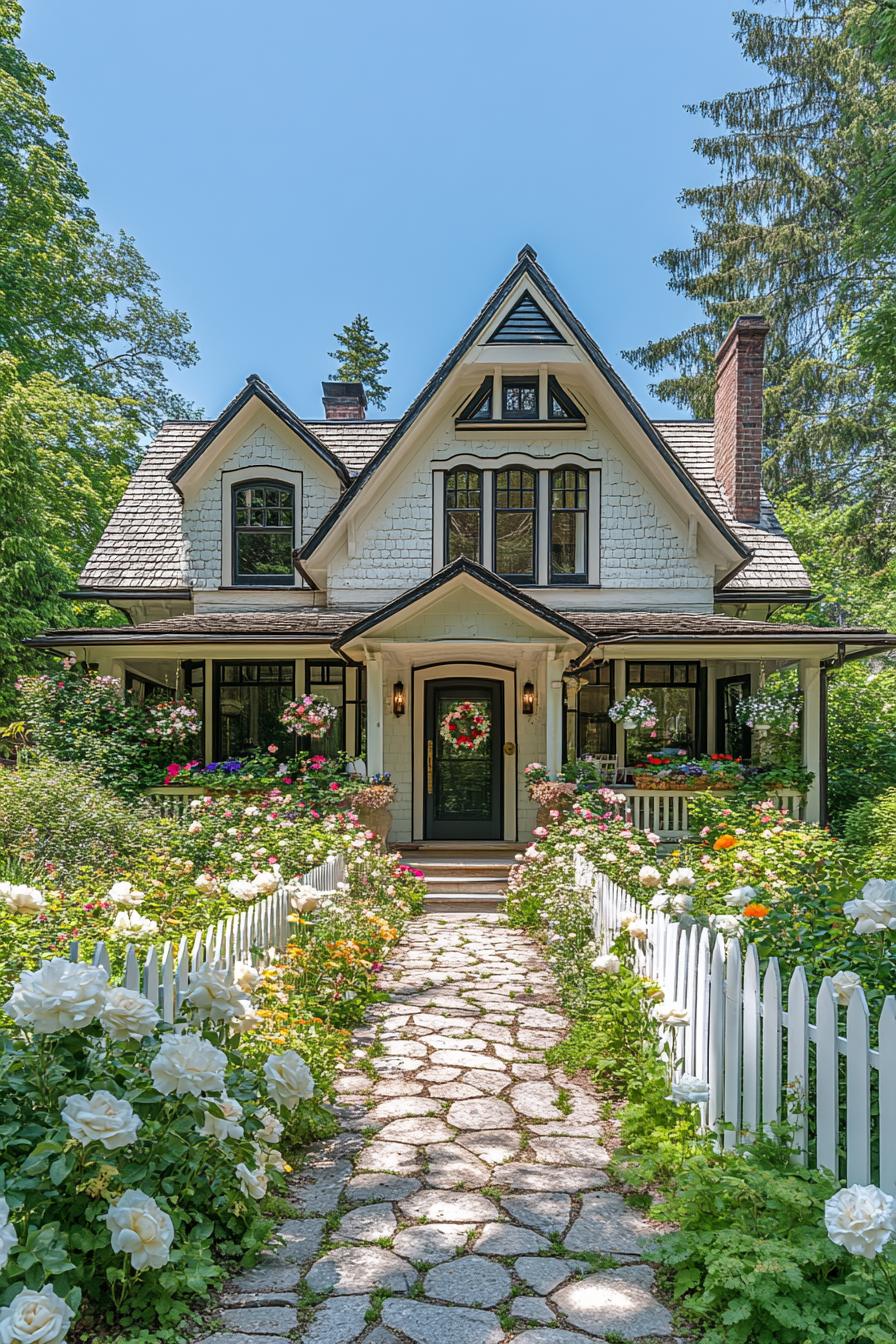 Charming cottage with a flower-lined path and white picket fence