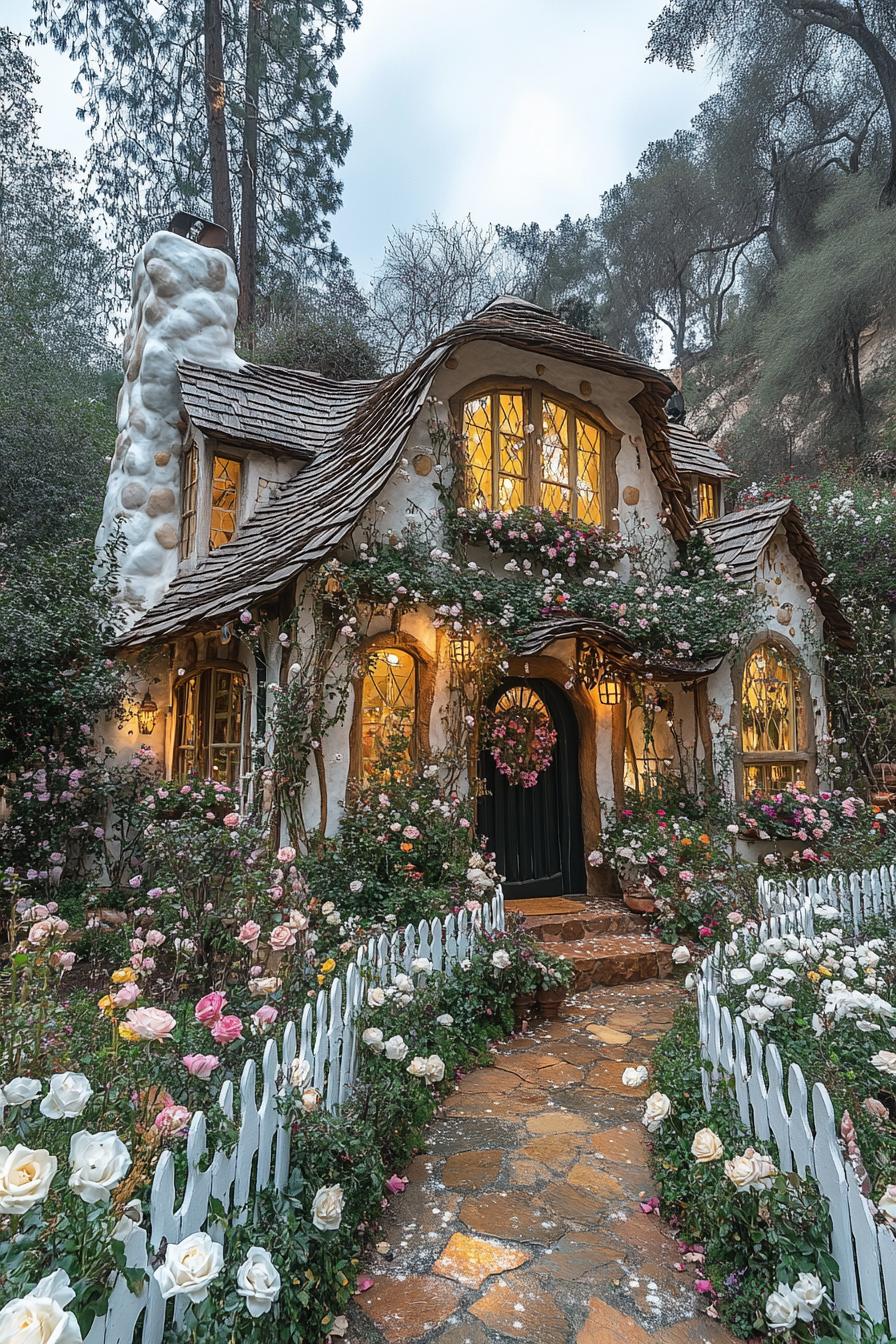 Charming storybook house adorned with blossoming flowers