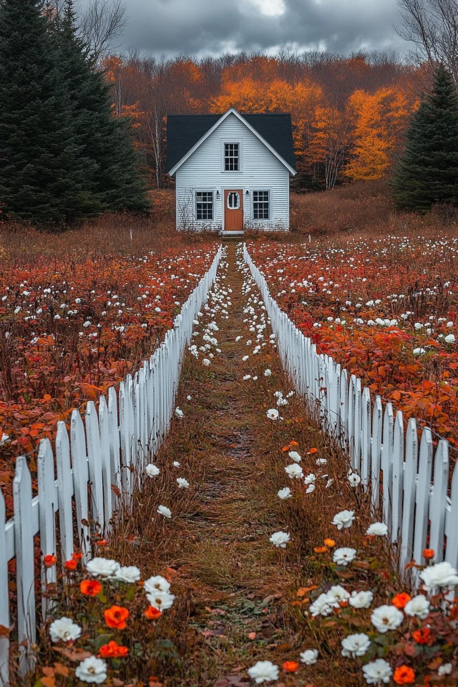 White house in a colorful autumn garden with a picket fence path