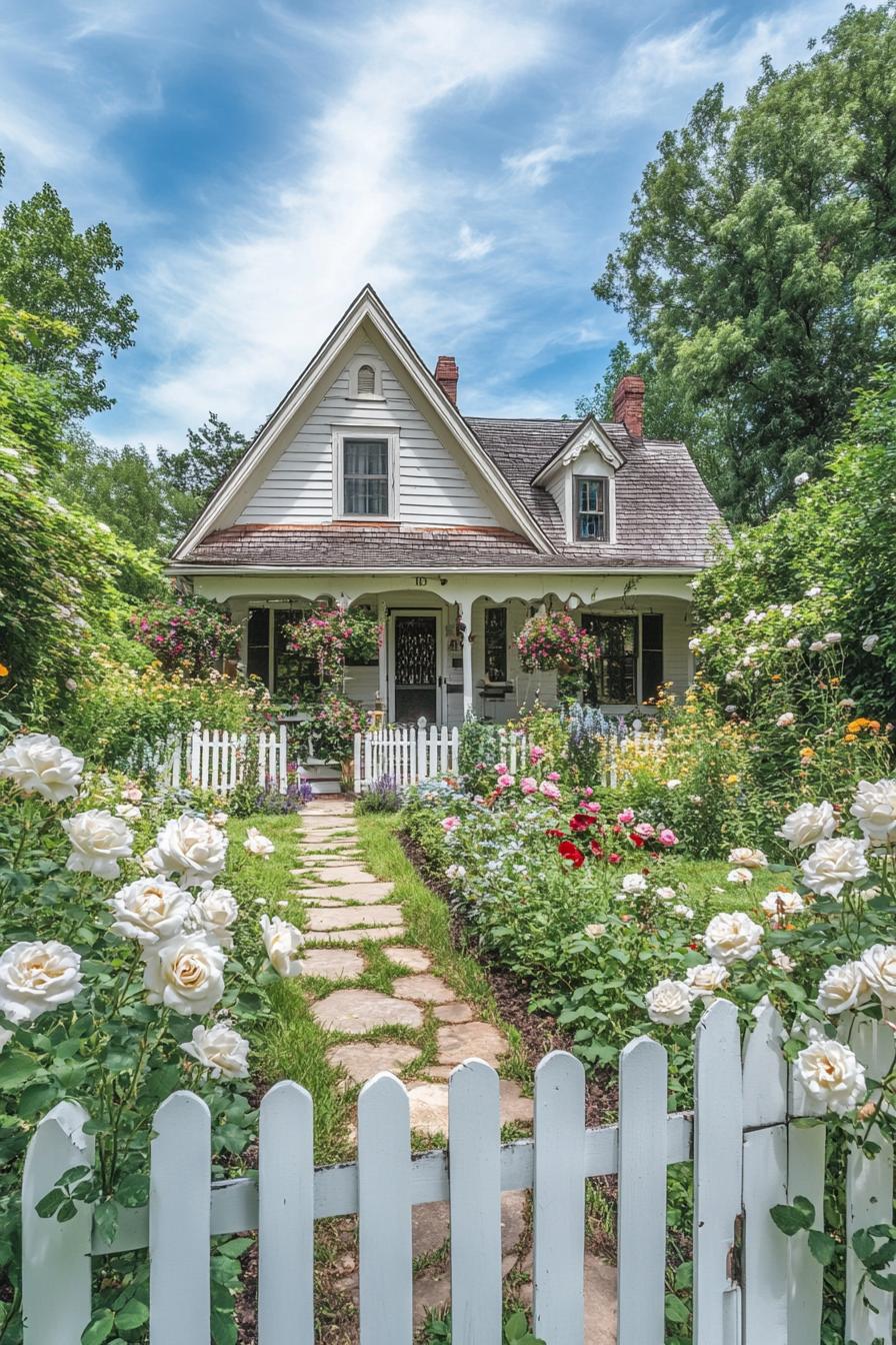 Charming cottage with a stone path, surrounded by blooming roses