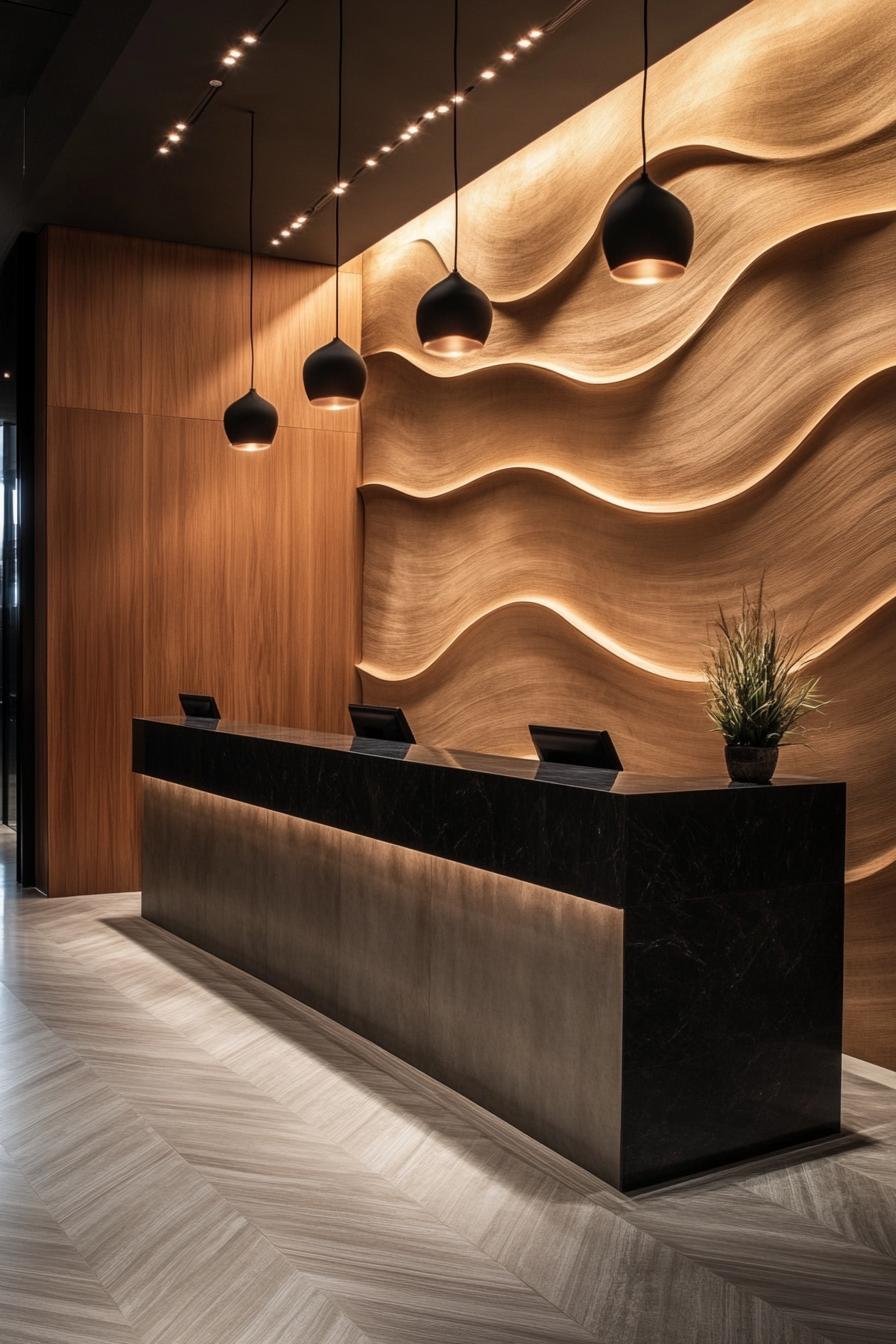 Lobby with wooden wave wall and sleek counter