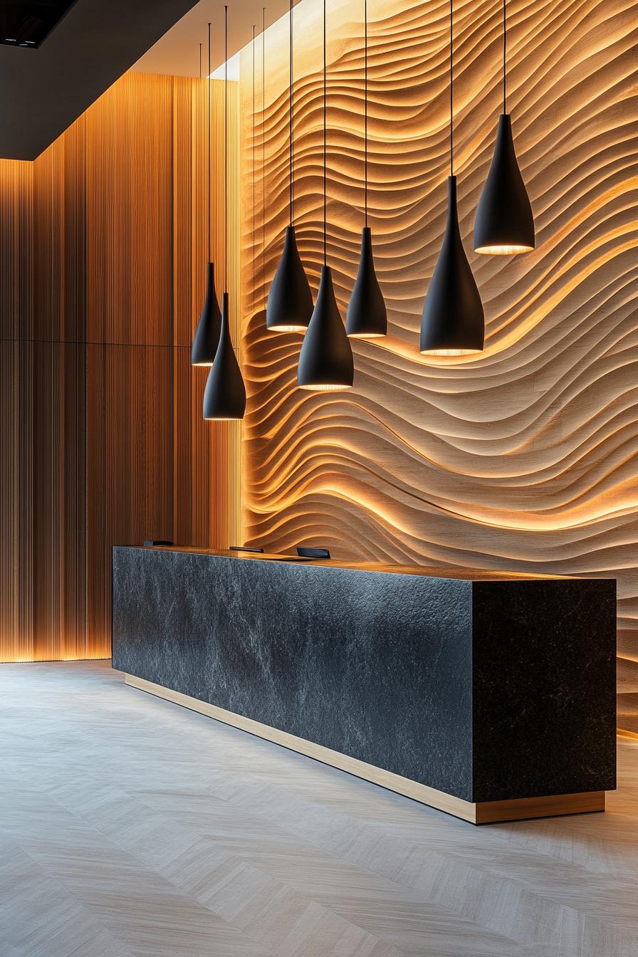 Modern lobby with wave-like wall design and pendant lights