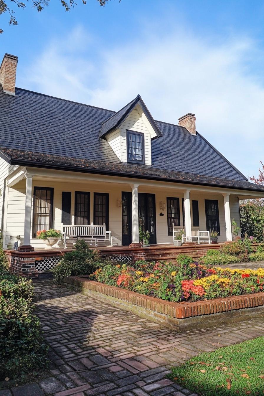 White farmhouse porch with flowers and swing