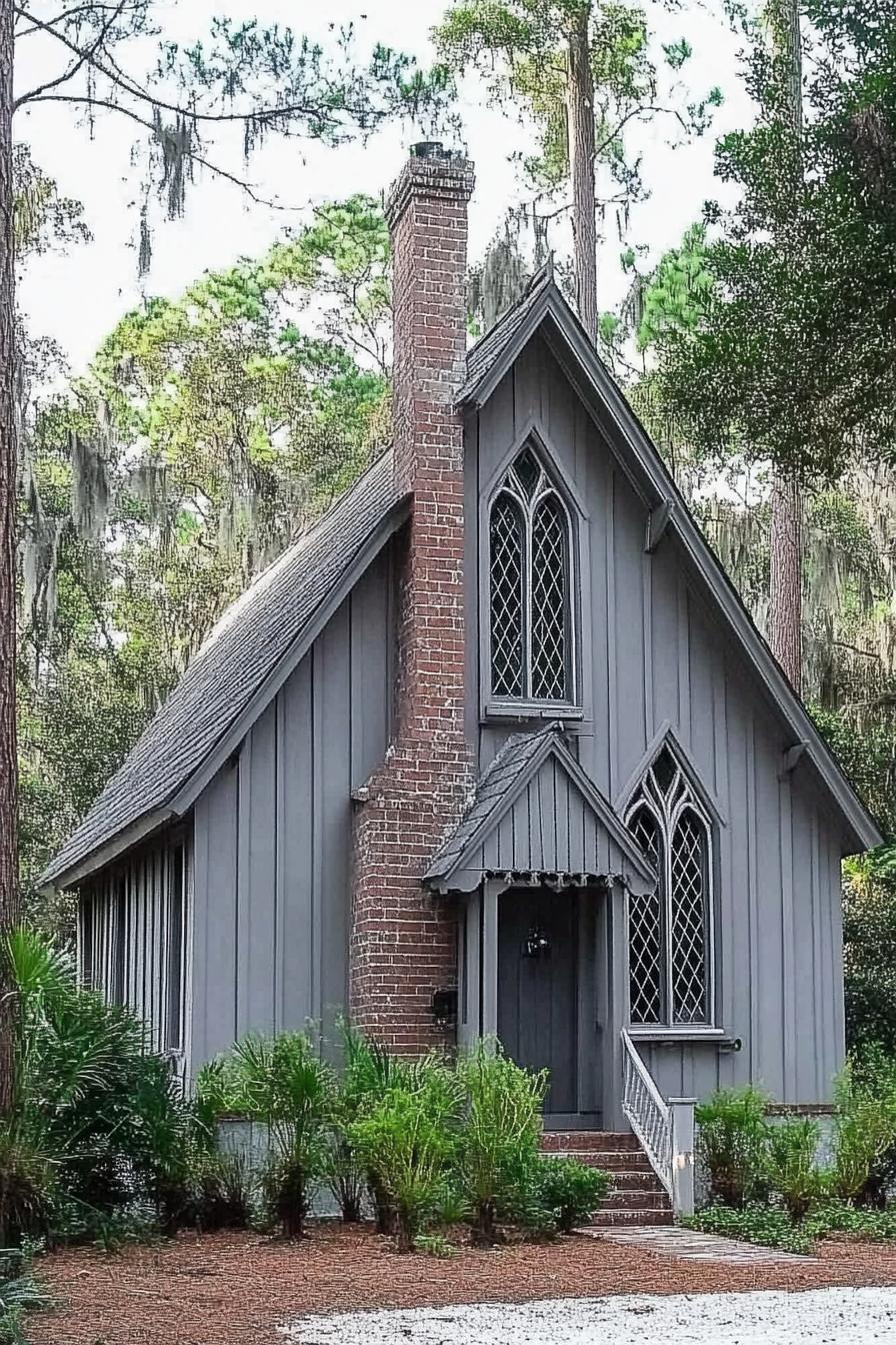 Gothic-style house nestled among trees