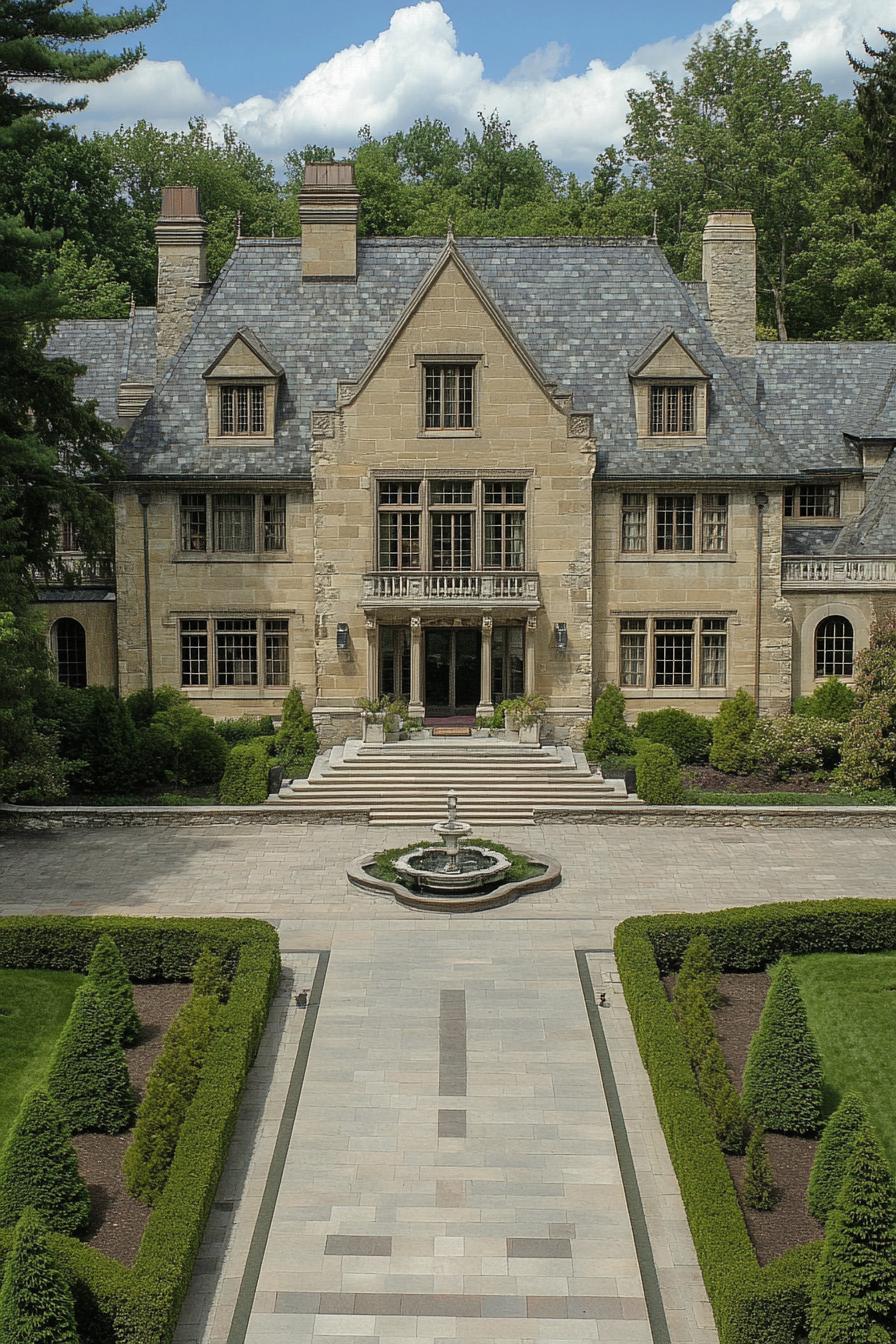 Majestic mansion with grand entrance and fountain