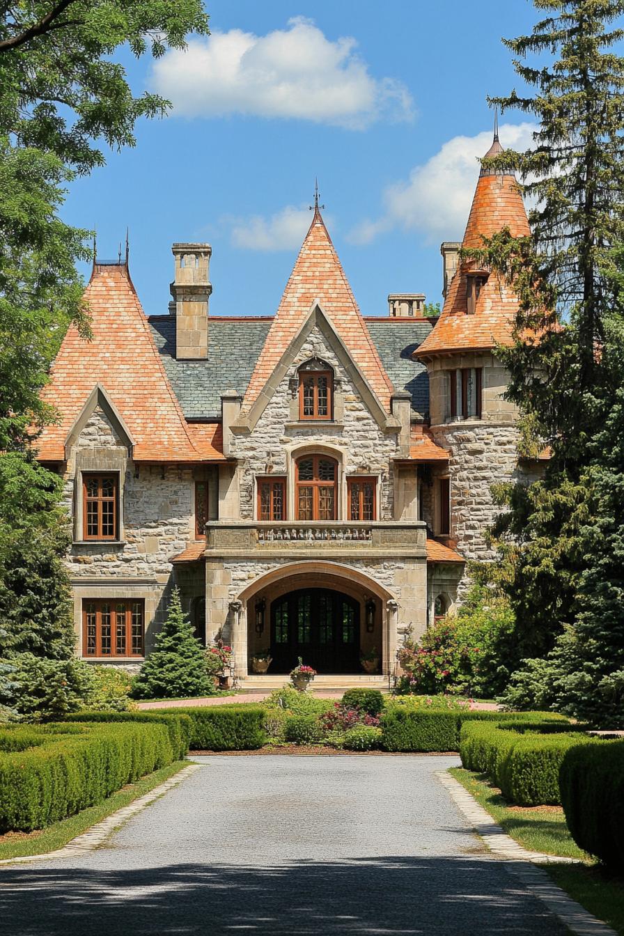 Château with pointed turrets and lush garden