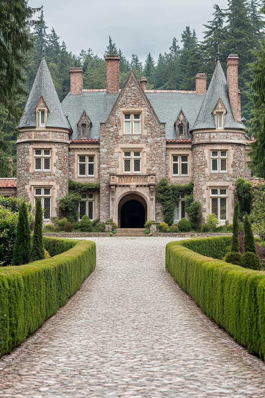 Charming stone mansion with pointed towers and lush greenery