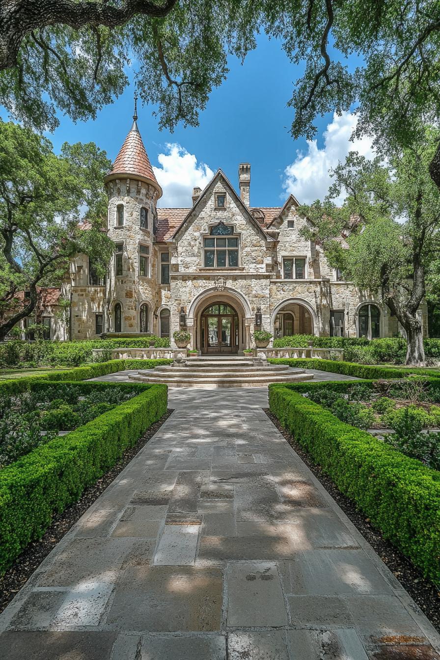 Stone mansion with turret and manicured gardens