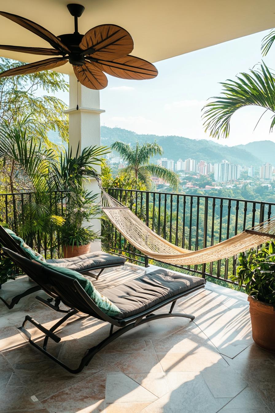 Sunny terrace with lounge chairs, hammock, and scenic view