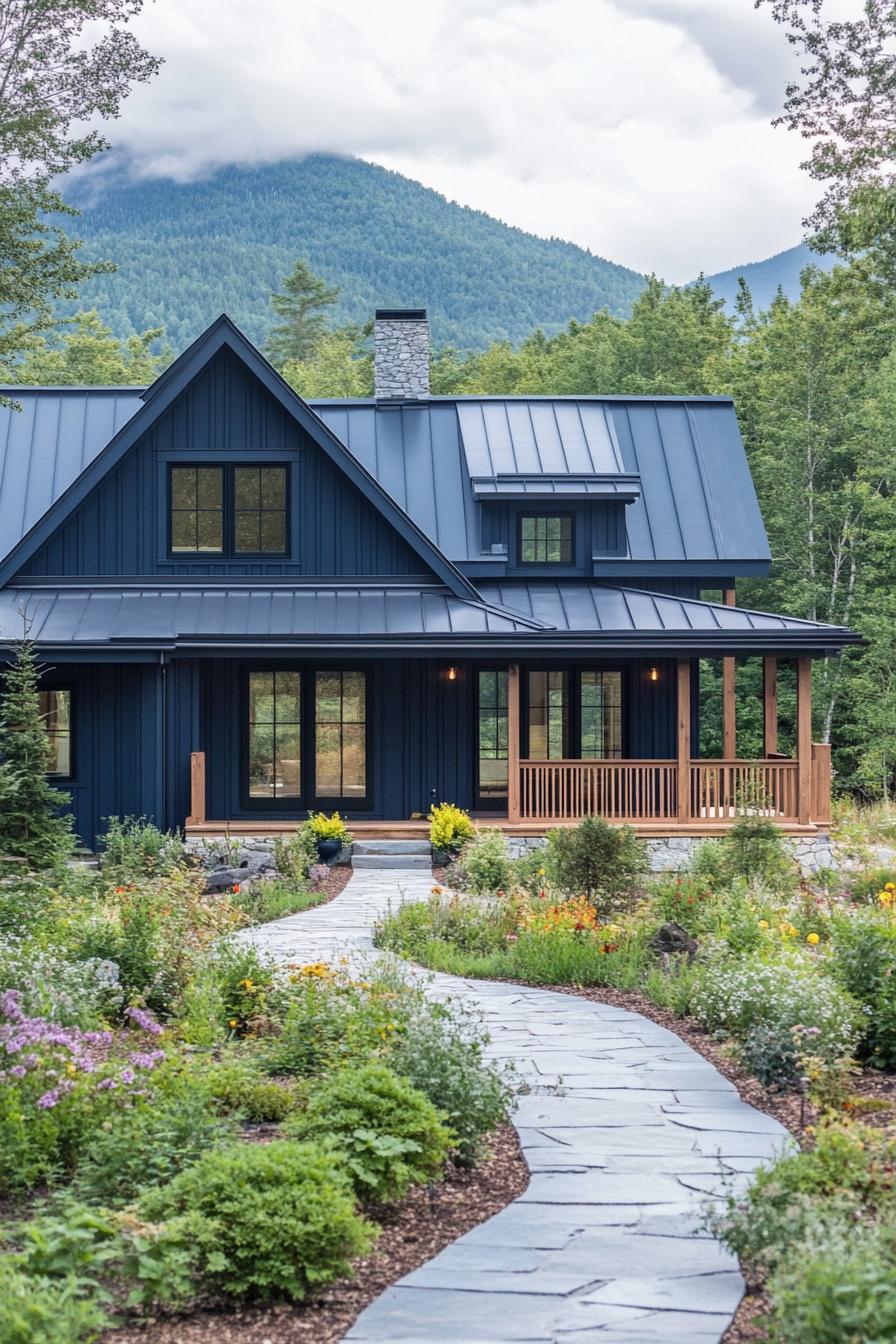 Mountain farmhouse with a long path and lush garden