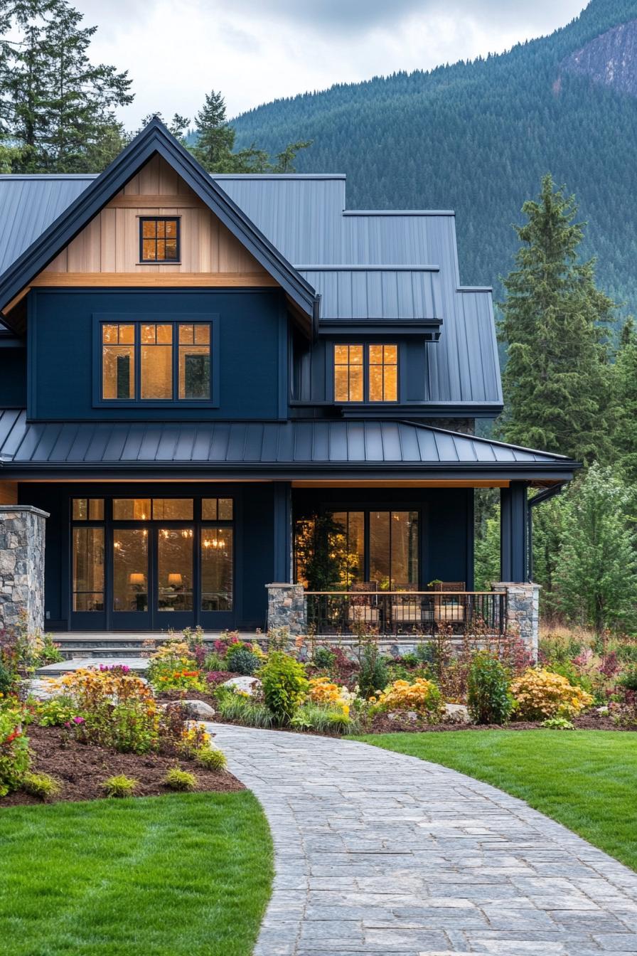 Mountain farmhouse with dark blue exterior and stone accents