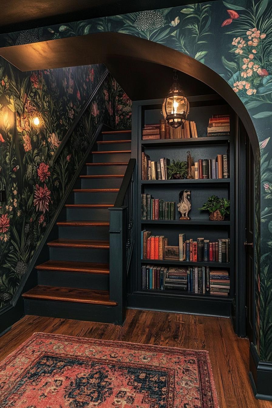 Dark staircase corner with floral wallpaper and bookshelves