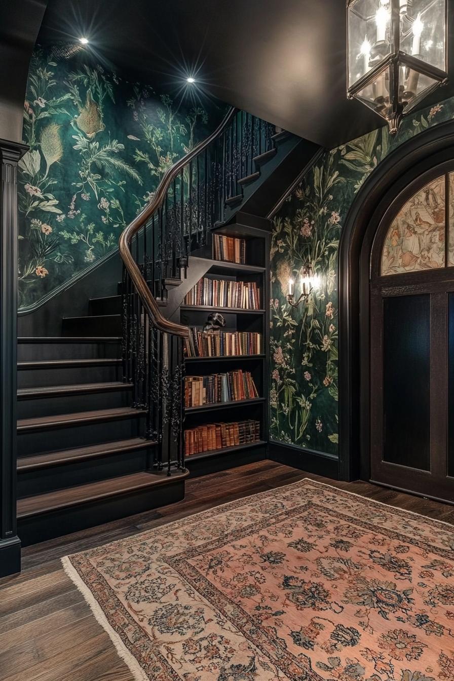 Staircase with floral wallpaper and bookshelves