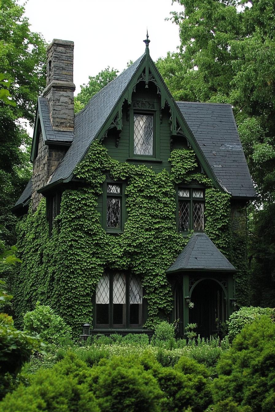 Gothic cottage covered in lush ivy