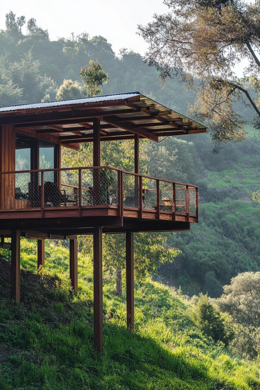 Wooden house with a metal roof on stilts, nestled on a lush hill