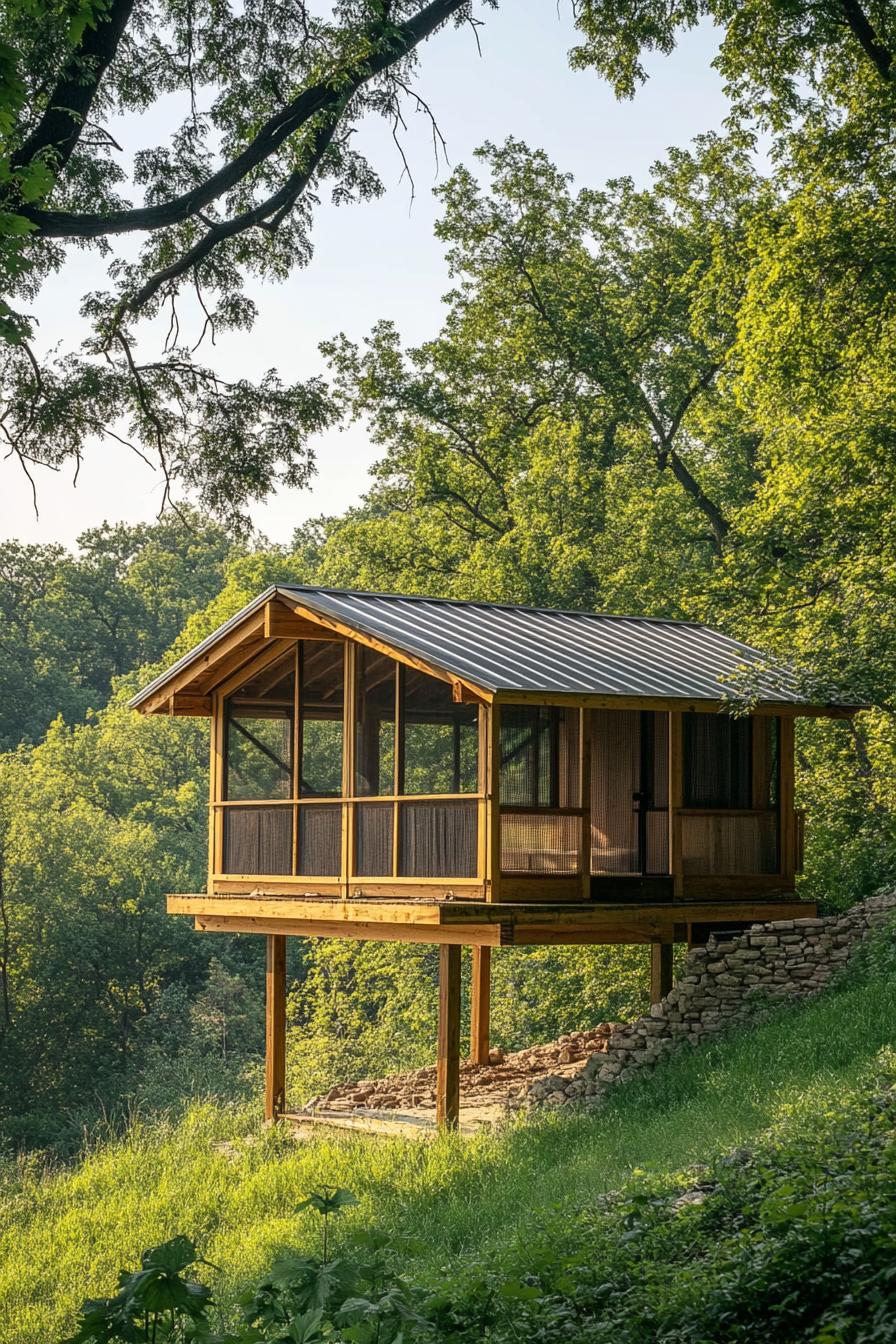 Wooden cabin perched on a lush hillside with surrounding trees