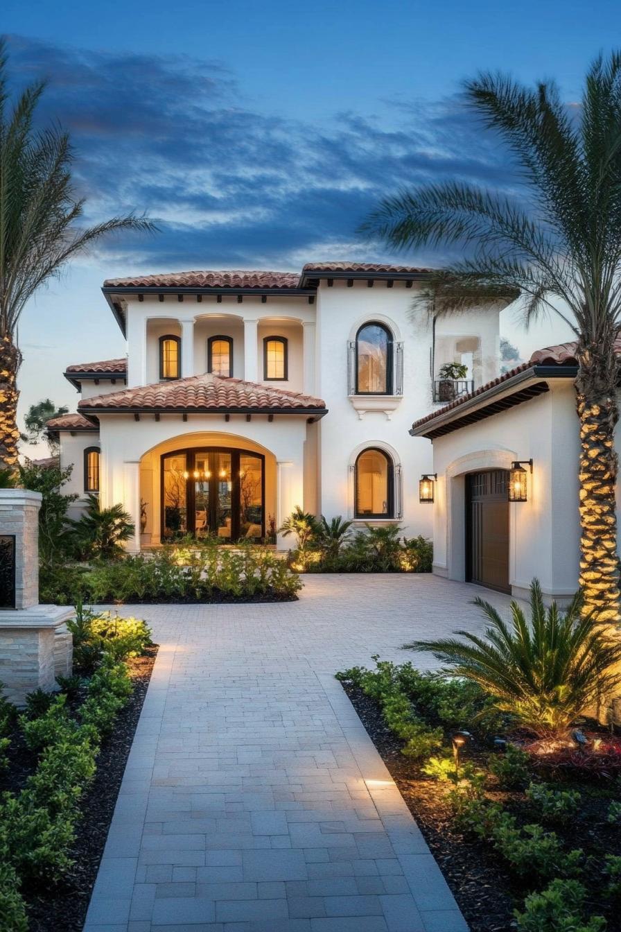 White stucco house with clay-tiled roof and palm trees