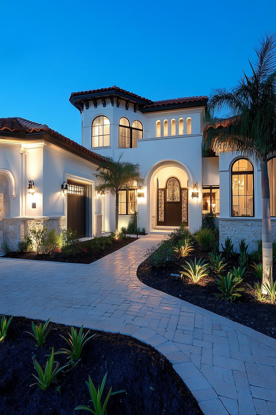 Luxurious house with arched entry at dusk