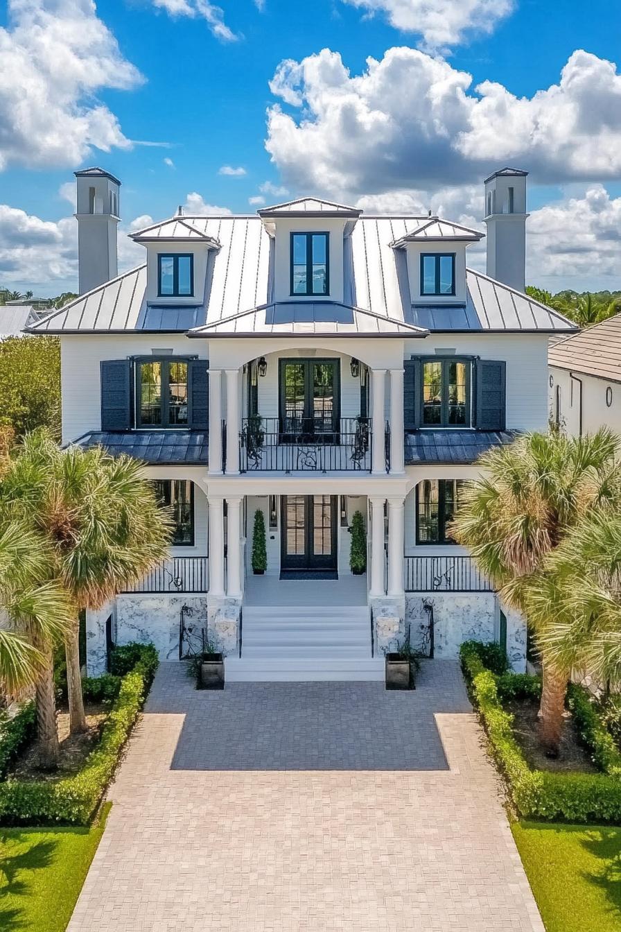 Elegant white house with columns and a manicured lawn