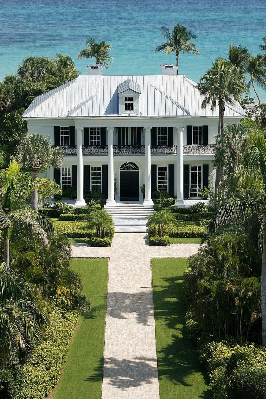 Grand coastal mansion with white columns and a manicured garden