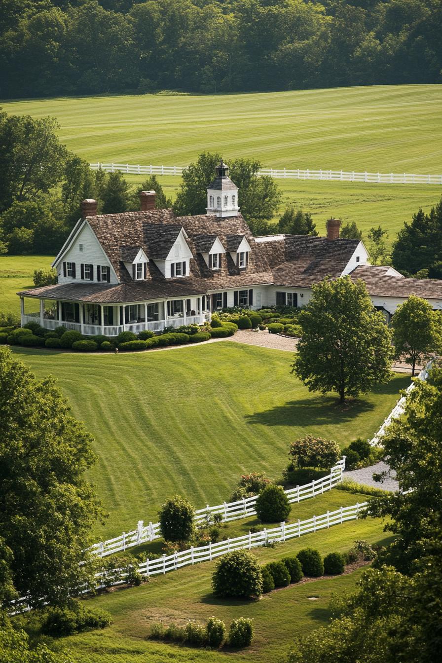 Large white farmhouse with surrounding green fields and white fences