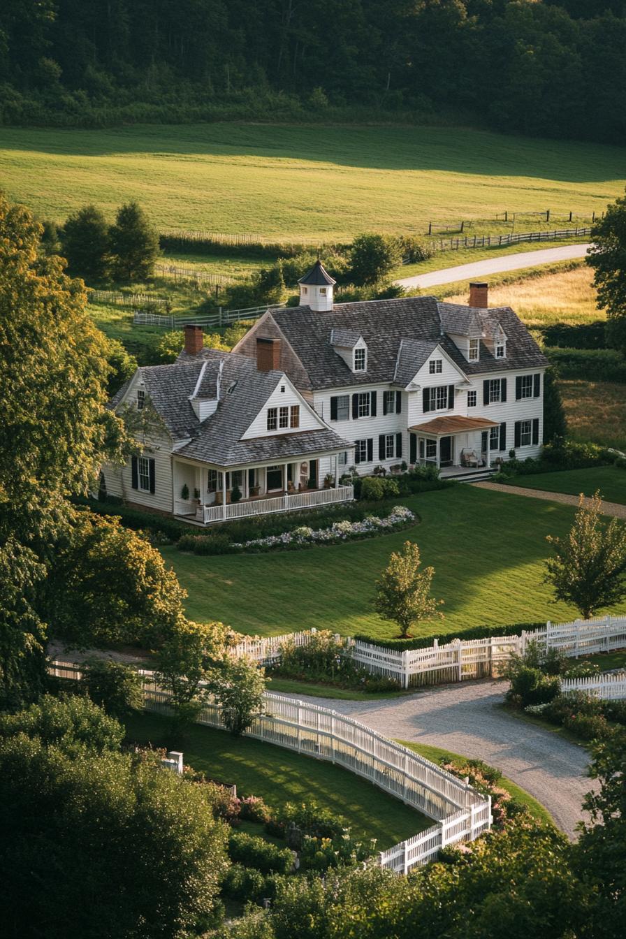 Charming countryside mansion with lush greenery and a white picket fence