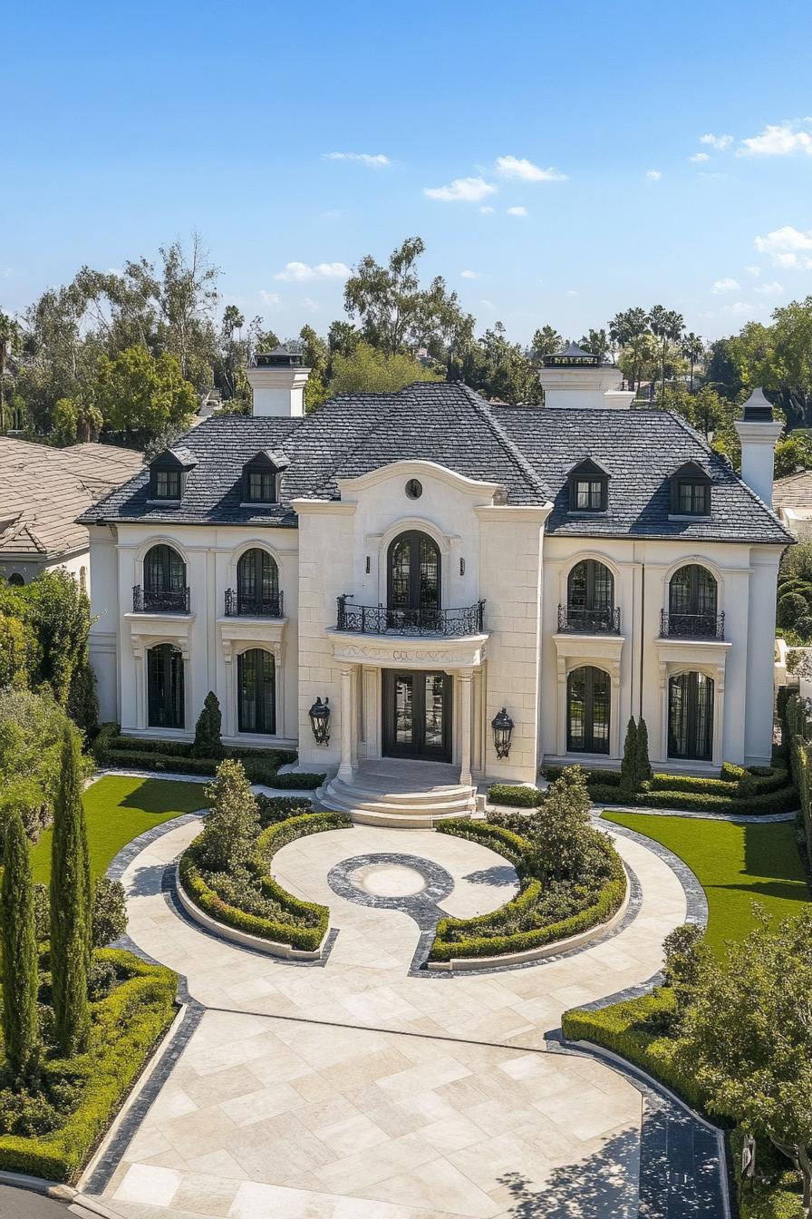 Elegant mansion with a circular driveway and lush landscaping