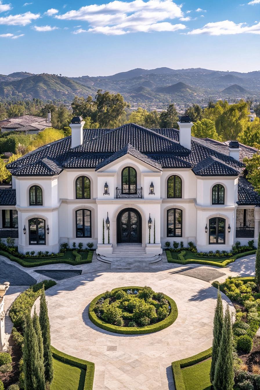 Elegant mansion with mountain backdrop and circular driveway