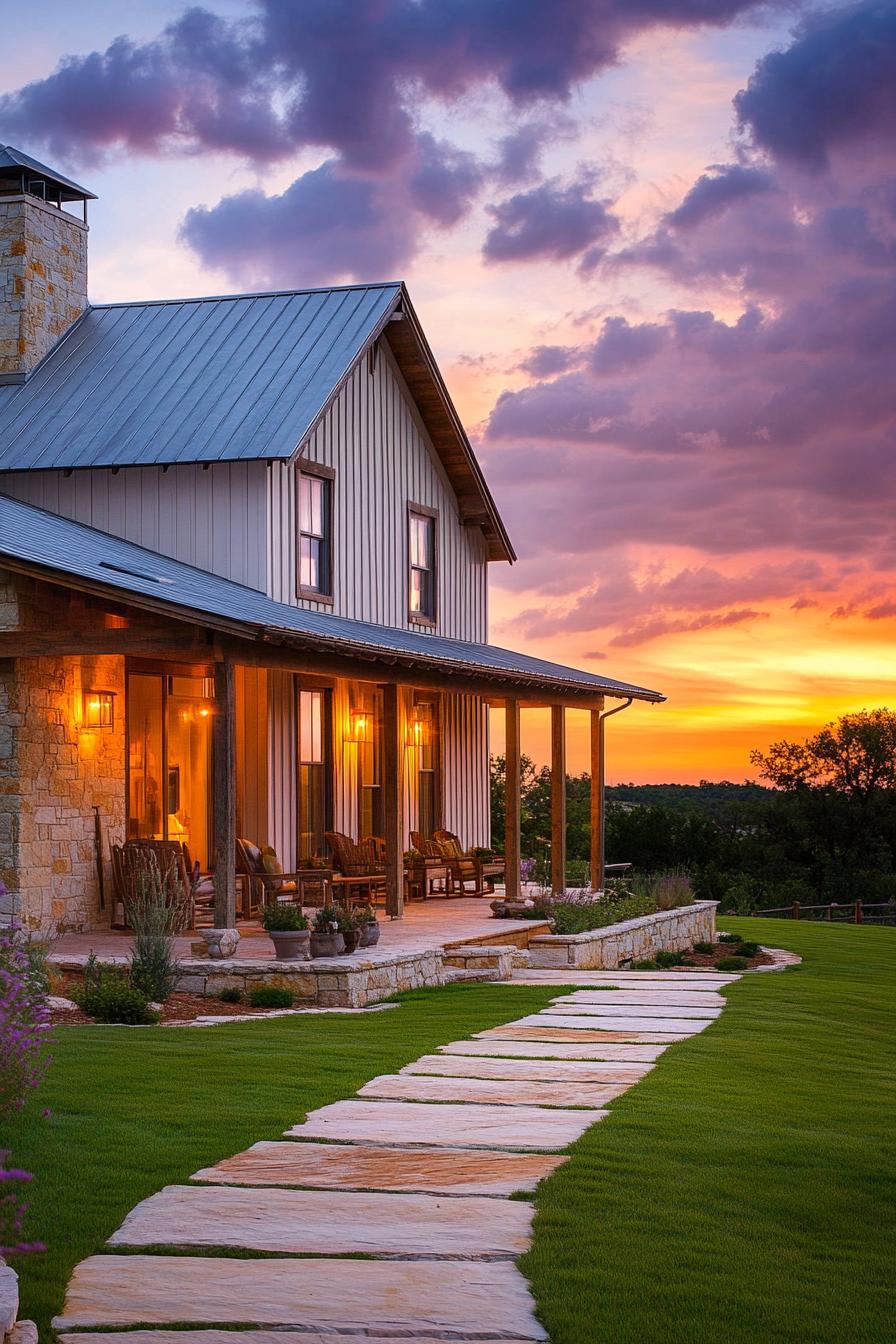 Charming barndominium with a sunset-lit porch