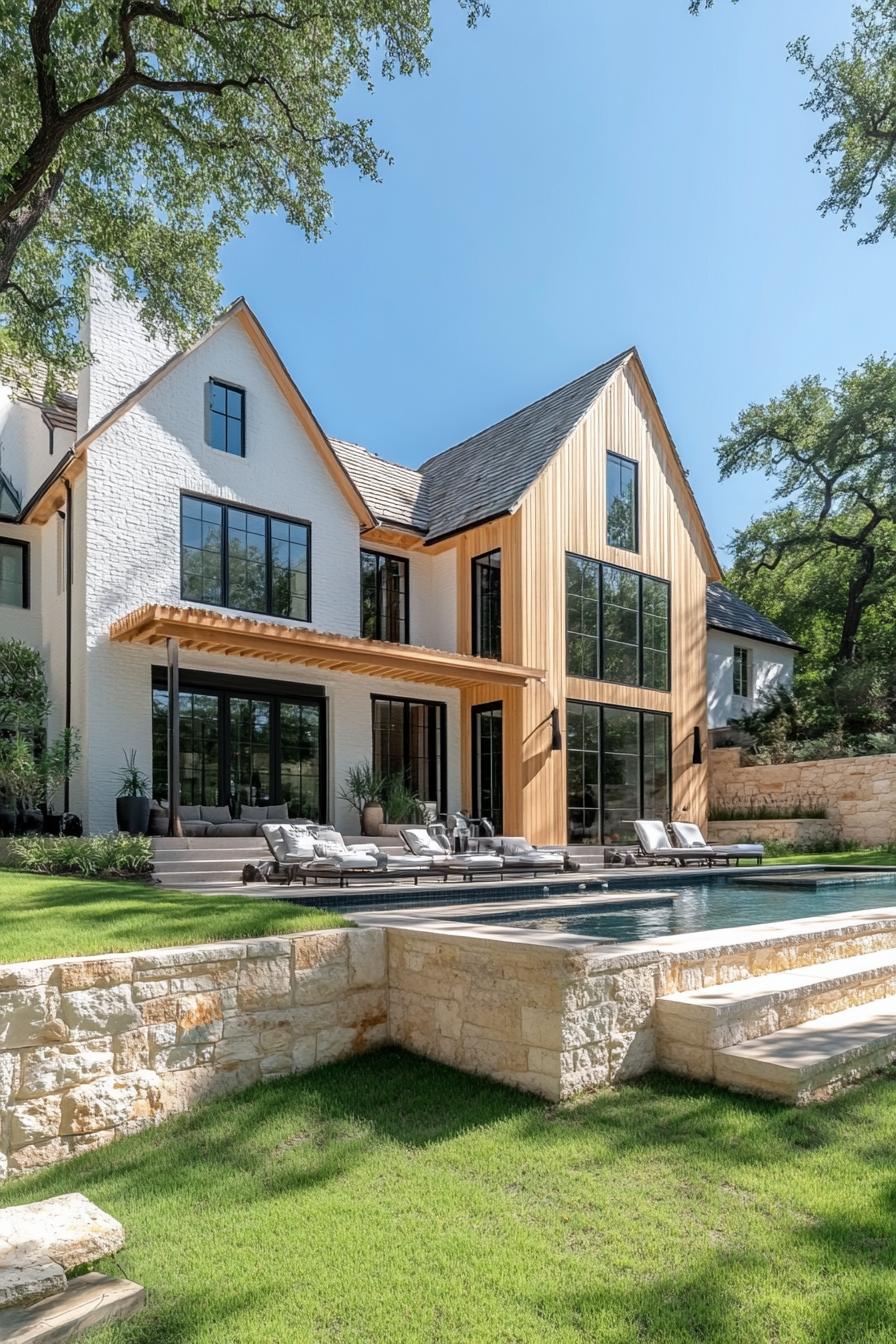 Modern house with pool and wooden siding