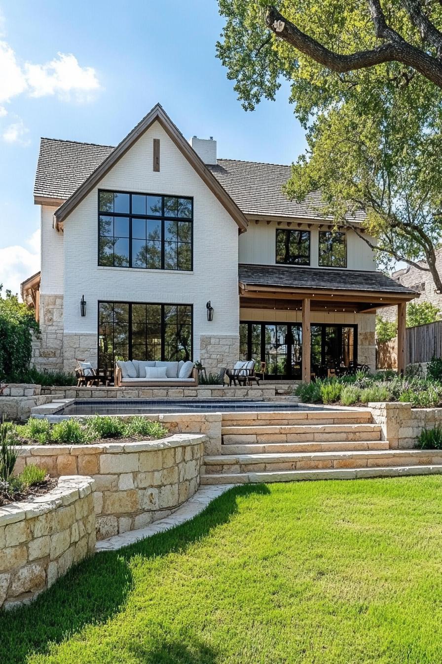 Charming country house with large windows and a green lawn