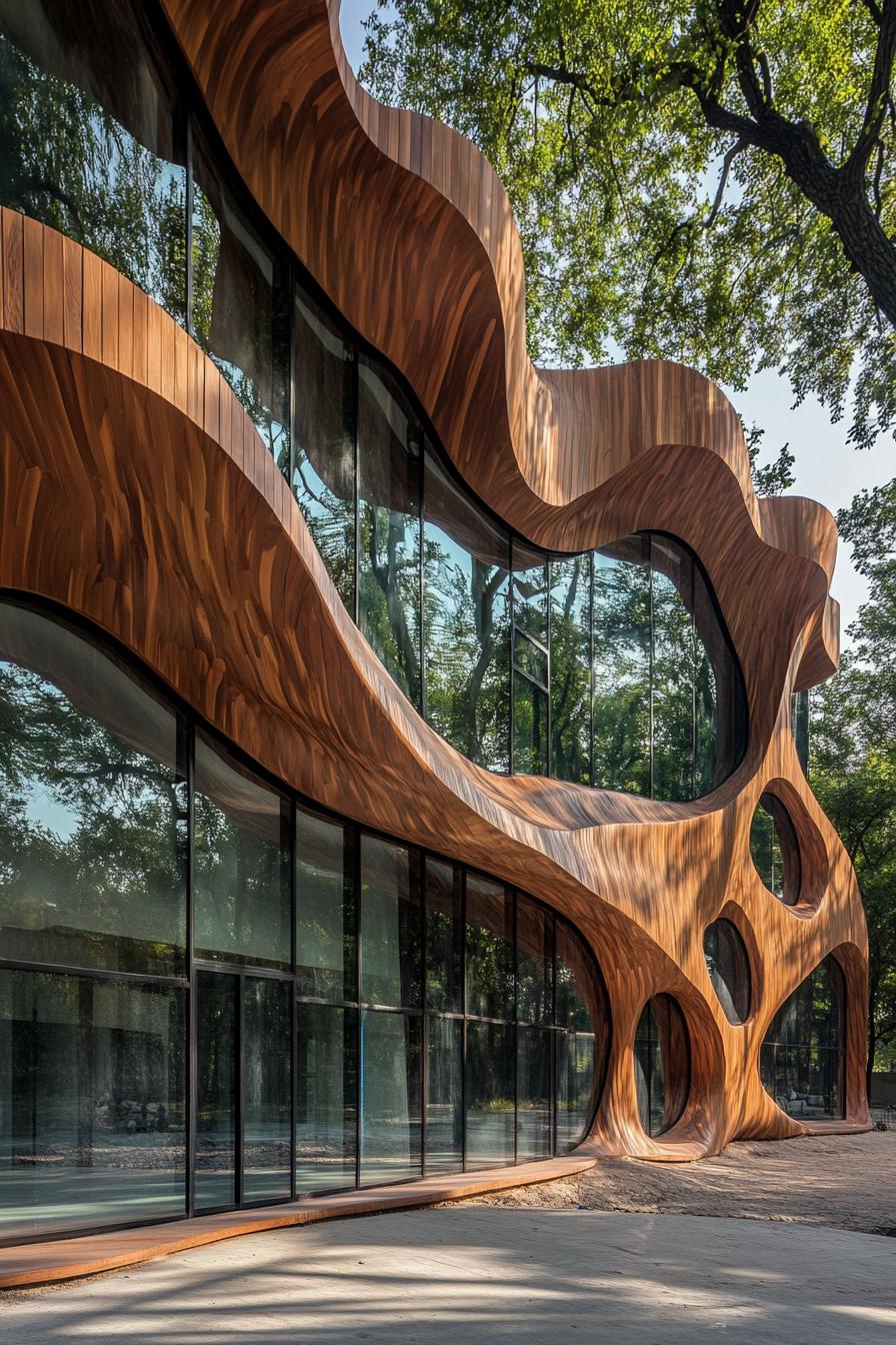 Curved wooden façade with large glass windows