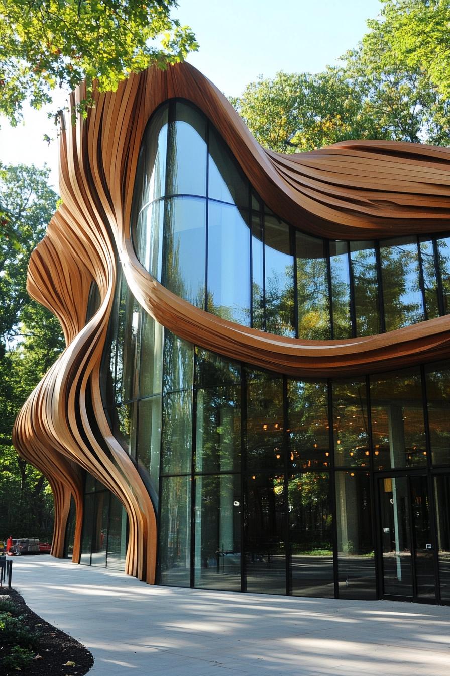 Curvy wooden façade with large glass windows