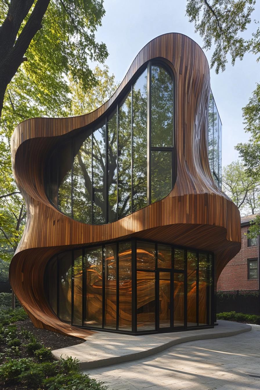 Curved wooden building with expansive glass windows