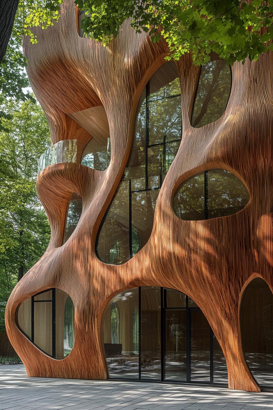 Organic wooden façade with abstract openings