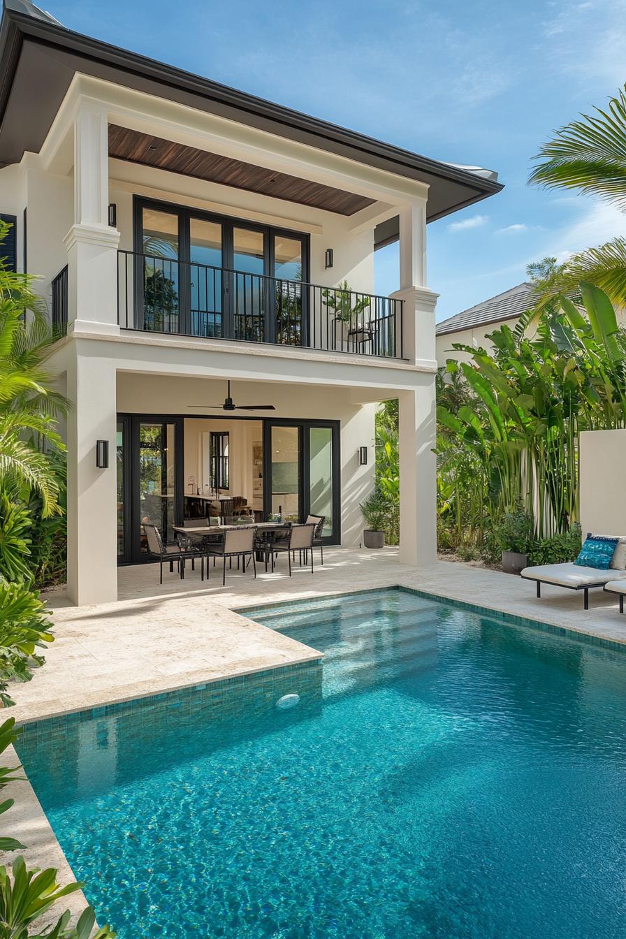 Modern villa with a pool, lush greenery, and an inviting patio