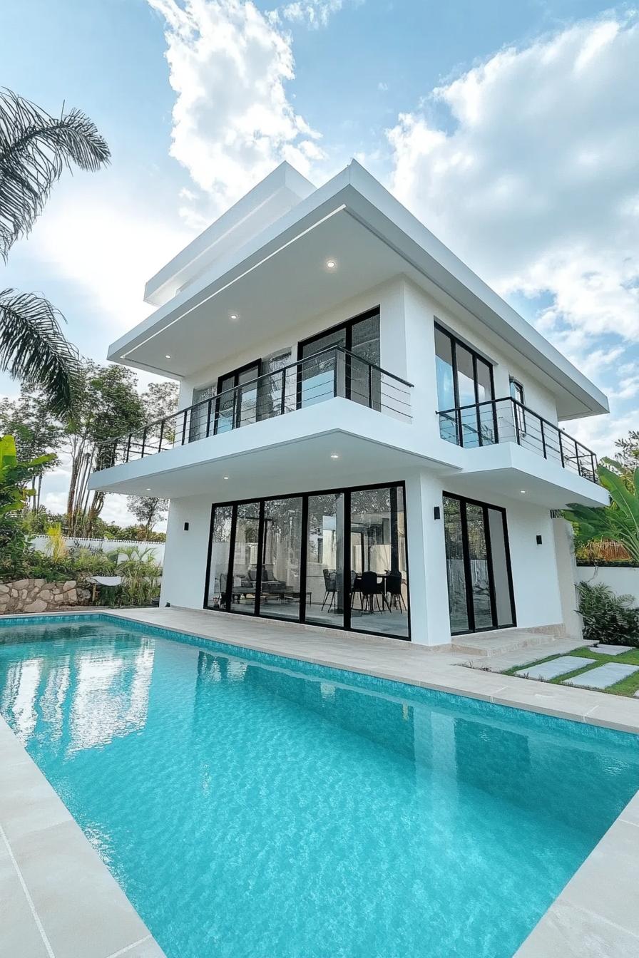 Modern white villa with a pool and large windows