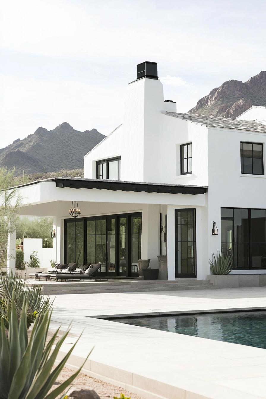 Modern white villa with mountain backdrop