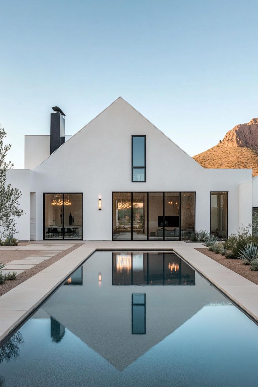 Modern white house with pool and mountain backdrop